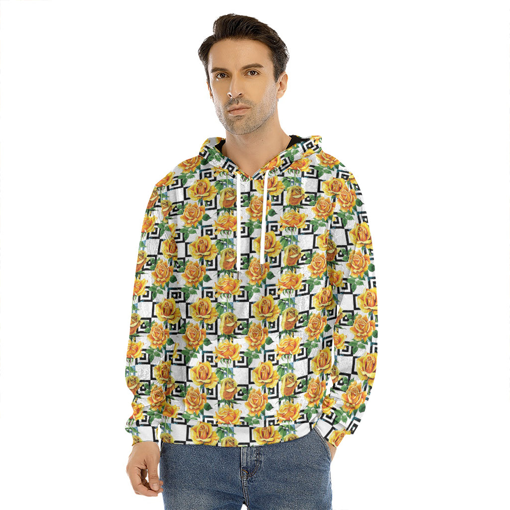 Yellow Watercolor Rose Print Men's Velvet Pullover Hoodie