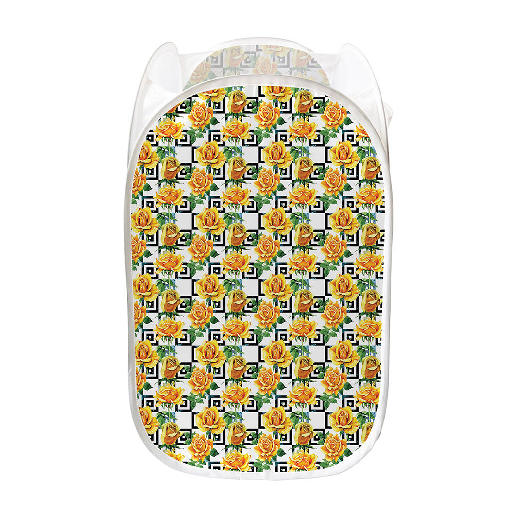 Yellow Watercolor Rose Print Mesh Laundry Hamper