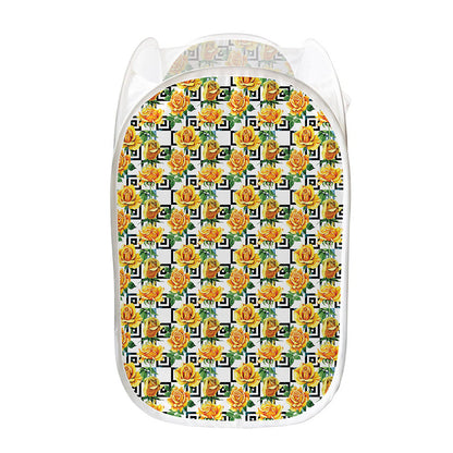Yellow Watercolor Rose Print Mesh Laundry Hamper