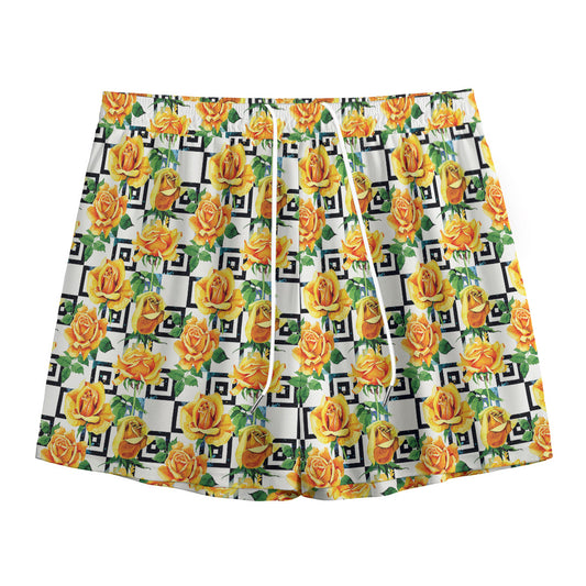 Yellow Watercolor Rose Print Mesh Shorts