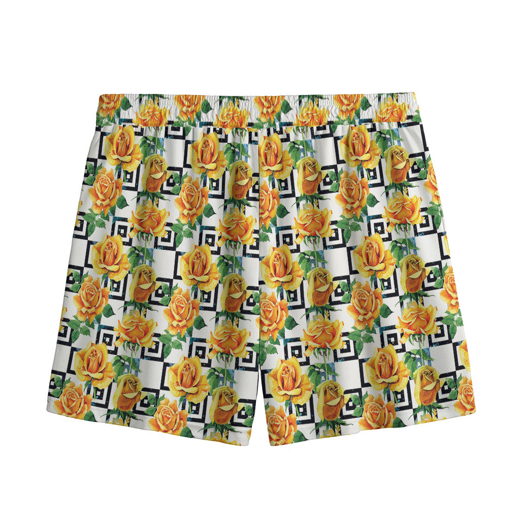 Yellow Watercolor Rose Print Mesh Shorts