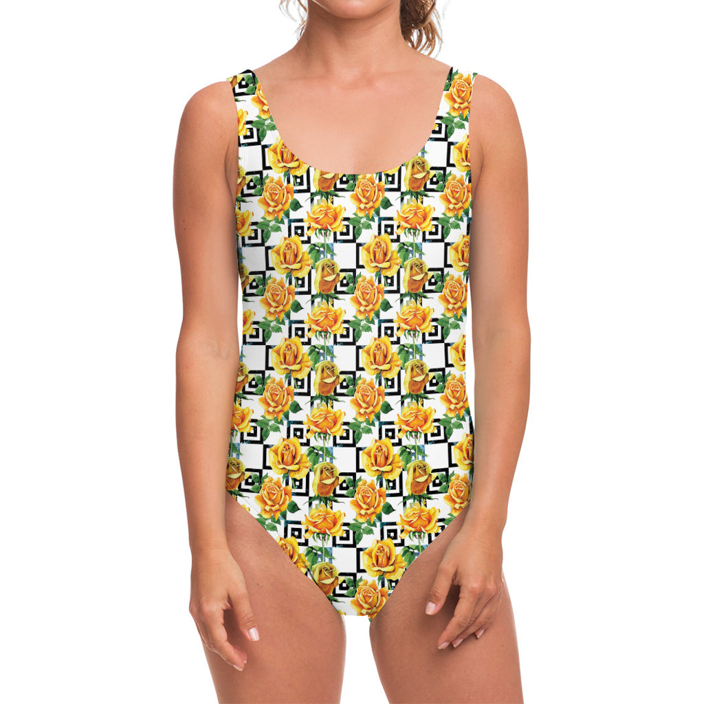 Yellow Watercolor Rose Print One Piece Swimsuit