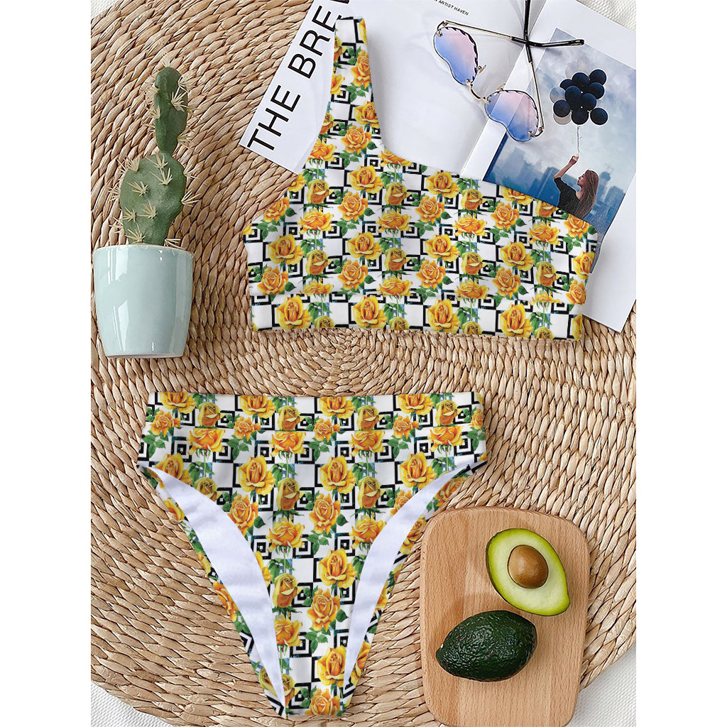 Yellow Watercolor Rose Print One Shoulder Bikini Top