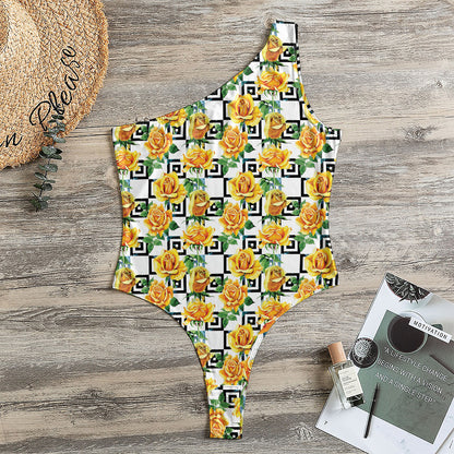 Yellow Watercolor Rose Print One Shoulder Bodysuit