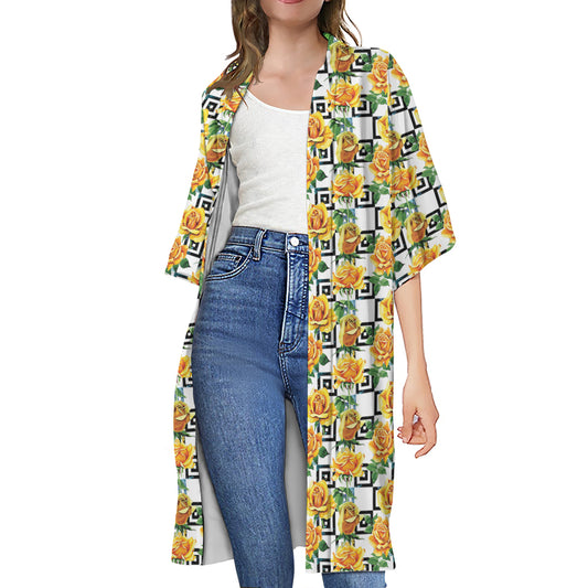 Yellow Watercolor Rose Print Open Front Beach Cover Up