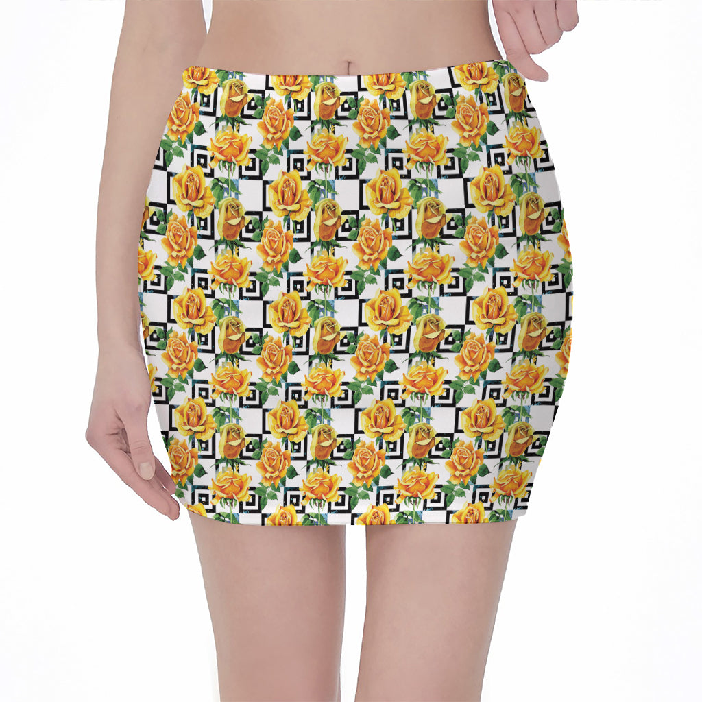Yellow Watercolor Rose Print Pencil Mini Skirt