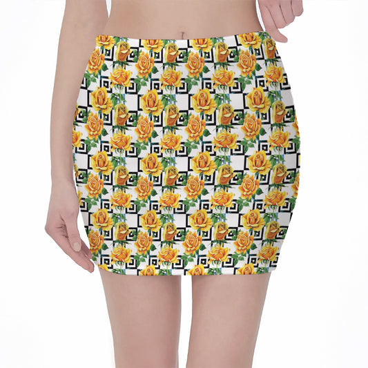 Yellow Watercolor Rose Print Pencil Mini Skirt