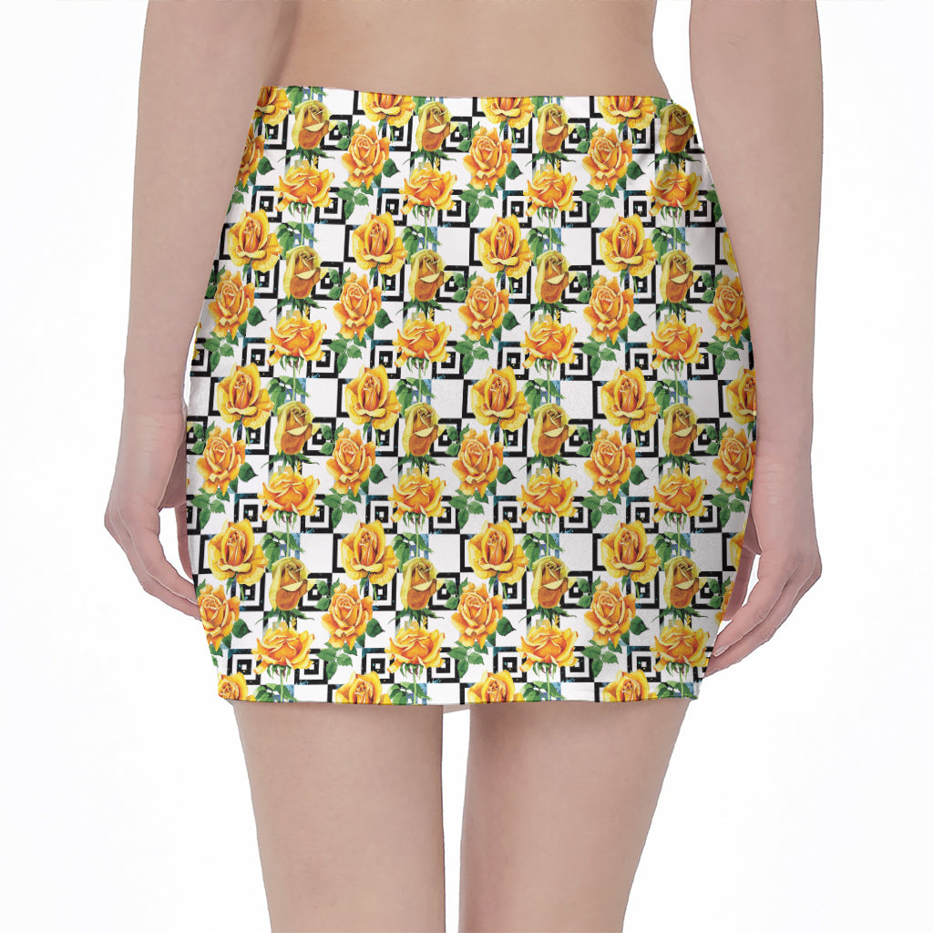 Yellow Watercolor Rose Print Pencil Mini Skirt
