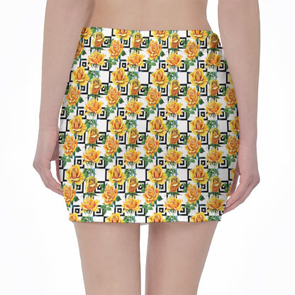 Yellow Watercolor Rose Print Pencil Mini Skirt