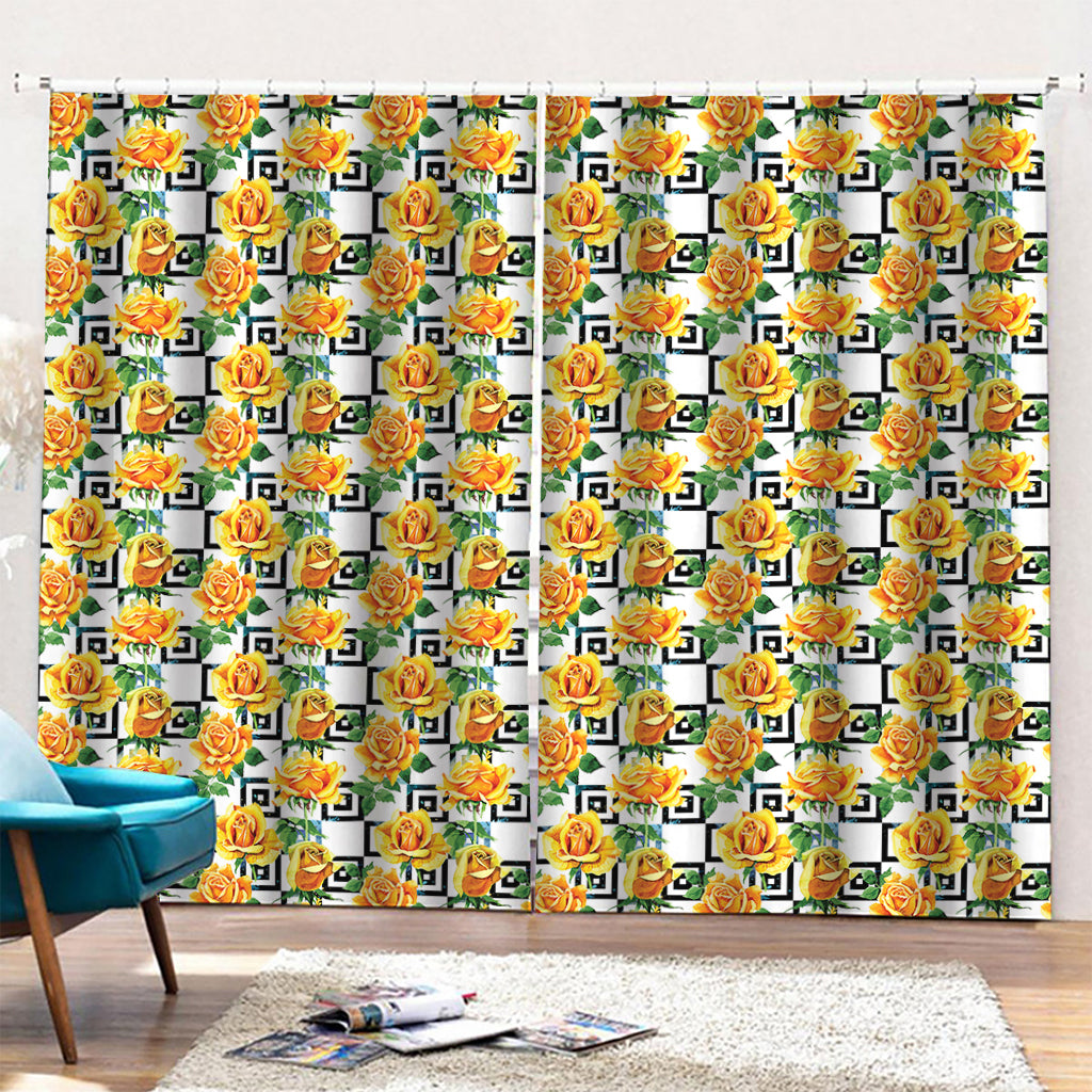 Yellow Watercolor Rose Print Pencil Pleat Curtains