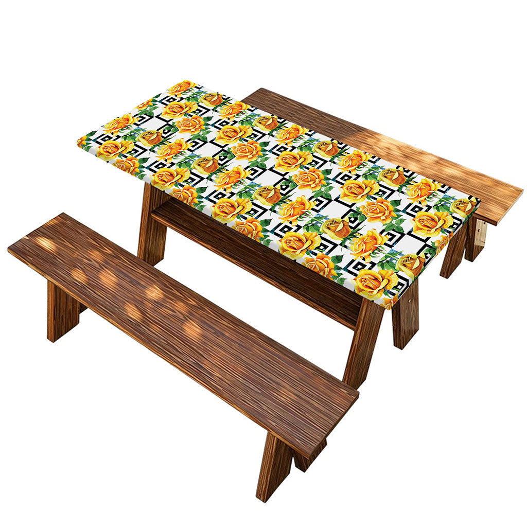Yellow Watercolor Rose Print Picnic Table Cover