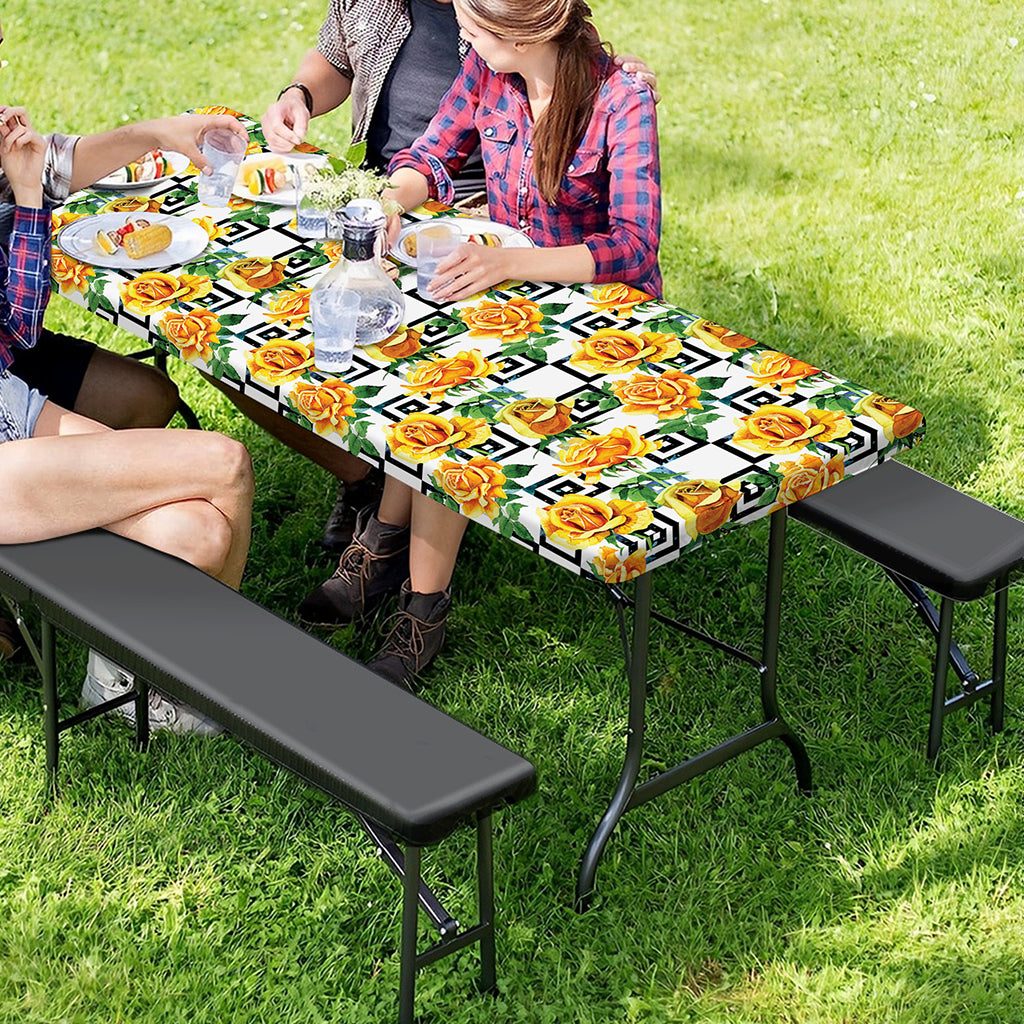 Yellow Watercolor Rose Print Picnic Table Cover