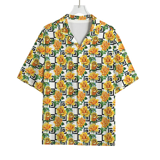 Yellow Watercolor Rose Print Rayon Hawaiian Shirt