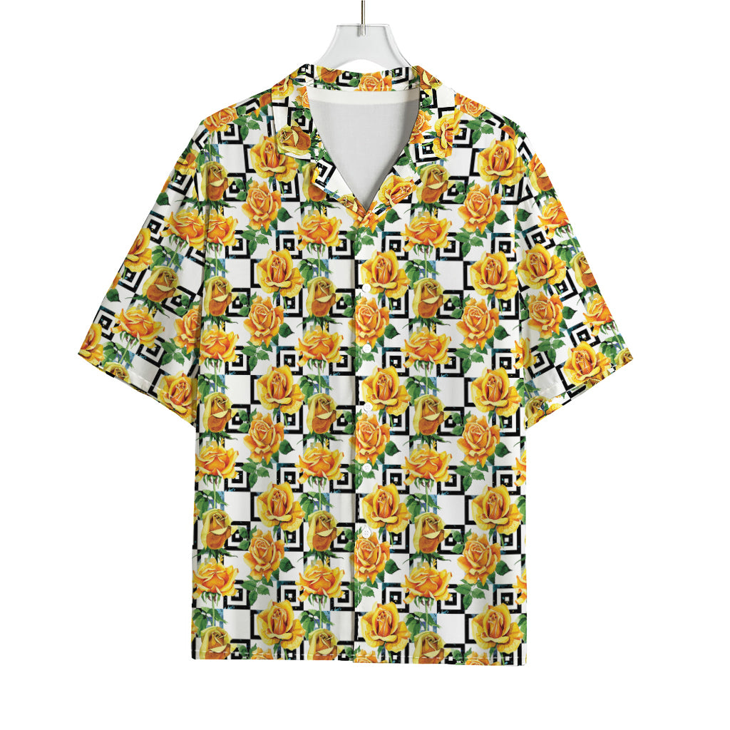 Yellow Watercolor Rose Print Rayon Hawaiian Shirt