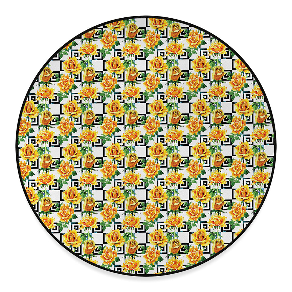 Yellow Watercolor Rose Print Round Floor Mat