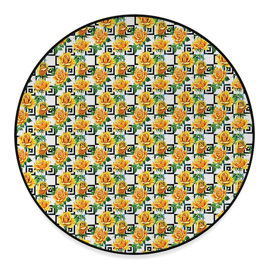 Yellow Watercolor Rose Print Round Floor Mat