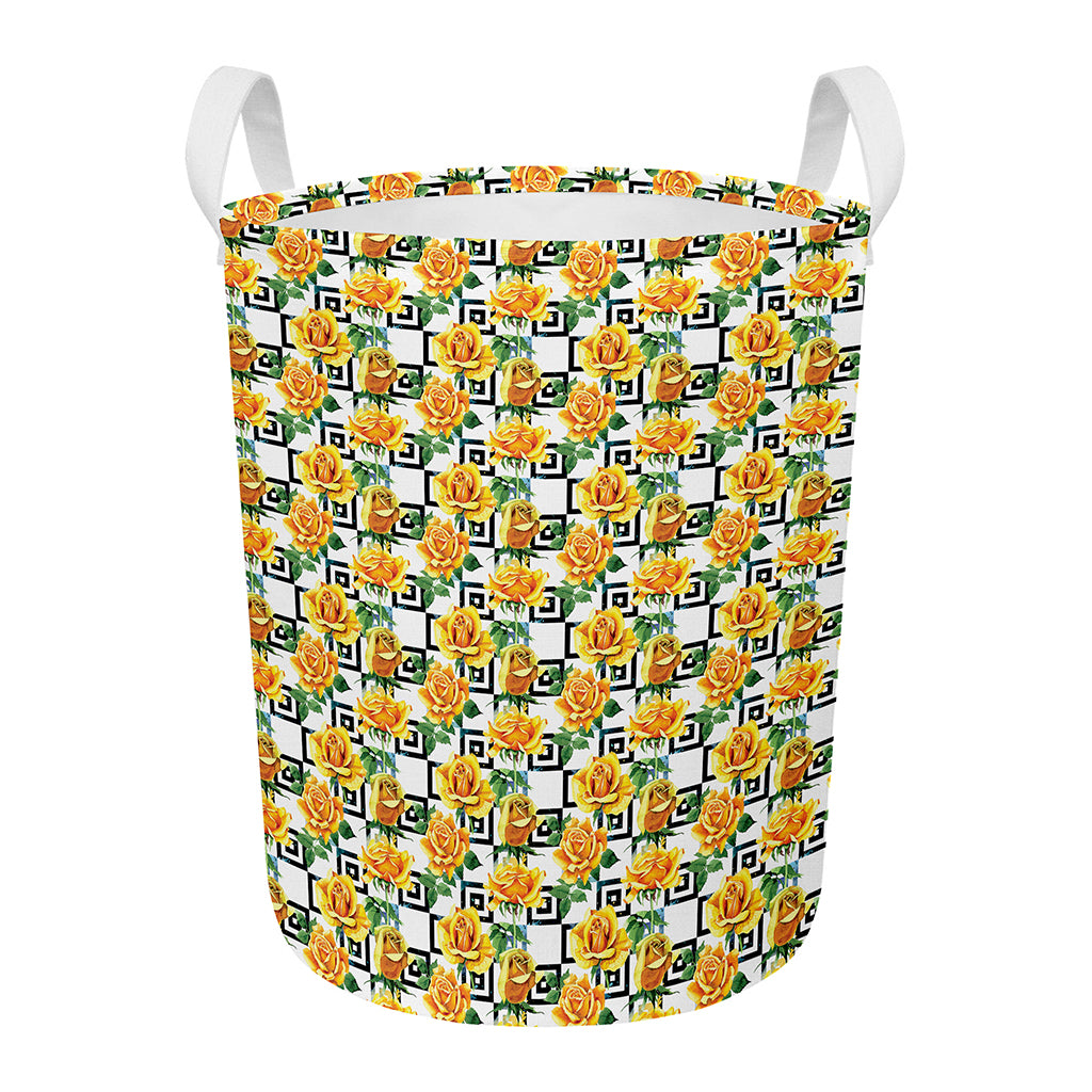 Yellow Watercolor Rose Print Round Laundry Basket