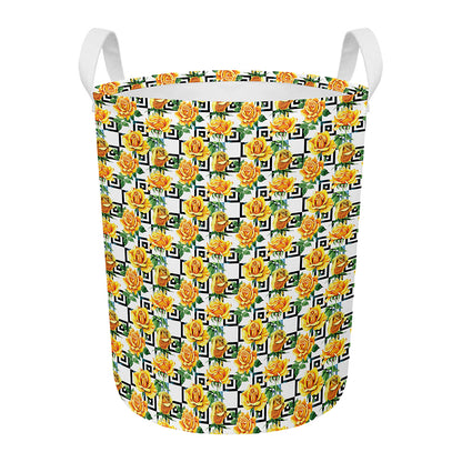 Yellow Watercolor Rose Print Round Laundry Basket
