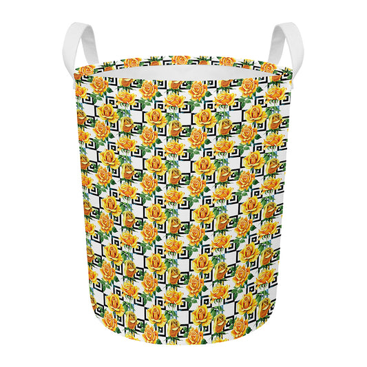 Yellow Watercolor Rose Print Round Laundry Basket