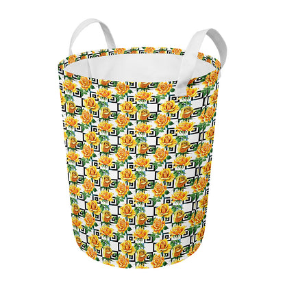 Yellow Watercolor Rose Print Round Laundry Basket