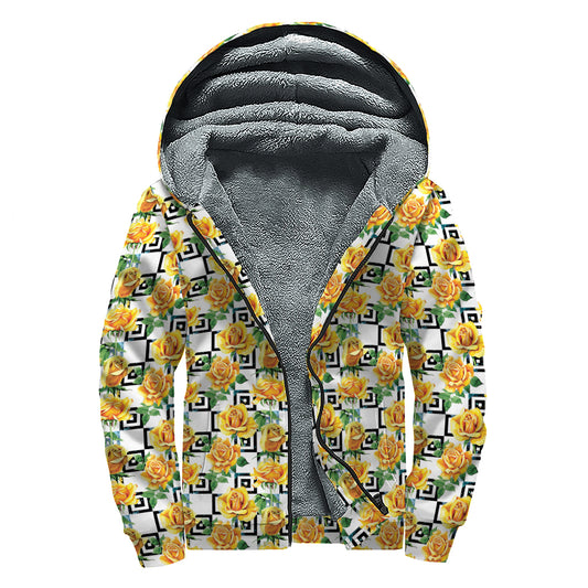 Yellow Watercolor Rose Print Sherpa Lined Zip Up Hoodie