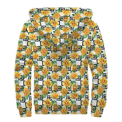 Yellow Watercolor Rose Print Sherpa Lined Zip Up Hoodie