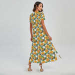 Yellow Watercolor Rose Print Short Sleeve Maxi Dress