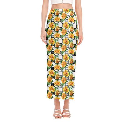 Yellow Watercolor Rose Print Side Slit Maxi Skirt