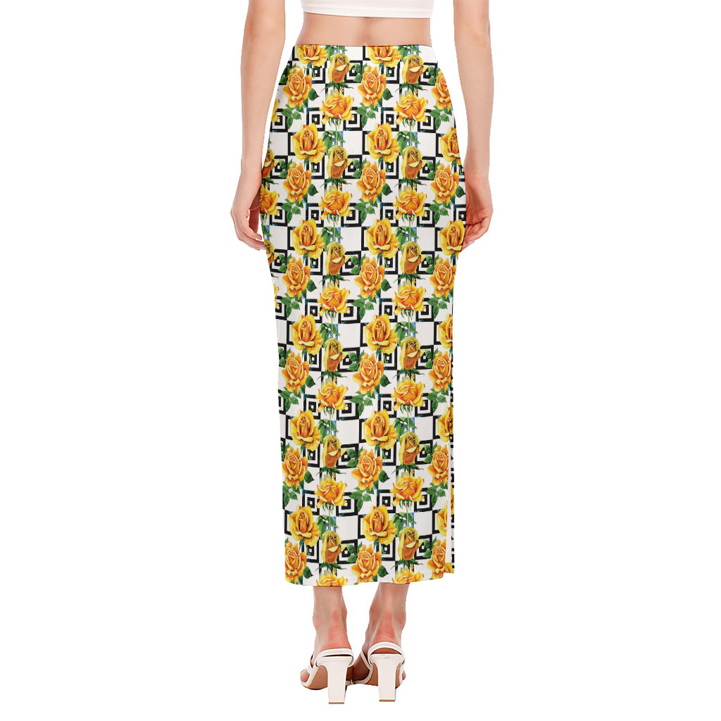 Yellow Watercolor Rose Print Side Slit Maxi Skirt