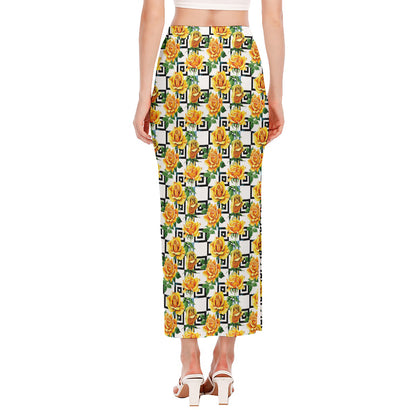 Yellow Watercolor Rose Print Side Slit Maxi Skirt