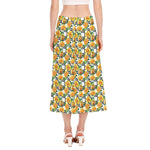 Yellow Watercolor Rose Print Side Slit Midi Skirt