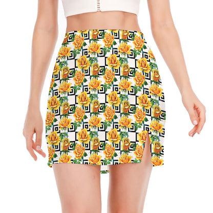 Yellow Watercolor Rose Print Side Slit Mini Skirt