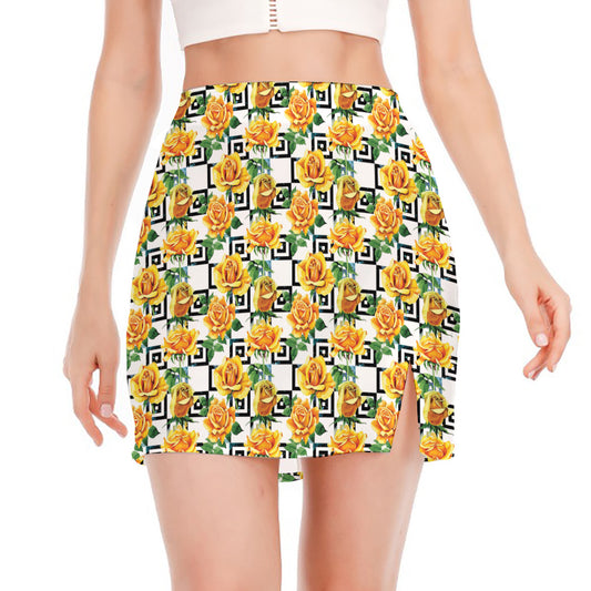 Yellow Watercolor Rose Print Side Slit Mini Skirt