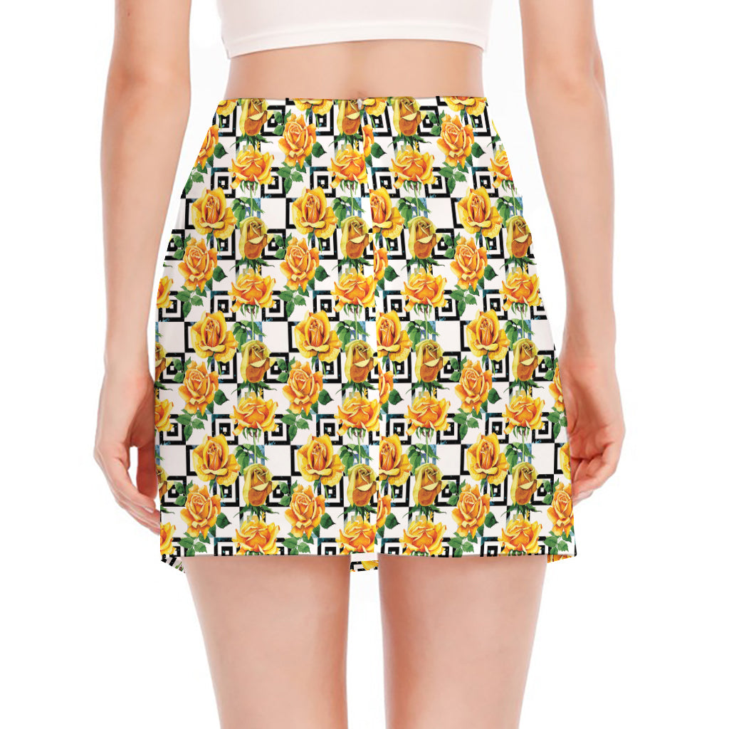 Yellow Watercolor Rose Print Side Slit Mini Skirt