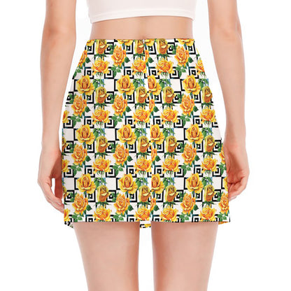 Yellow Watercolor Rose Print Side Slit Mini Skirt
