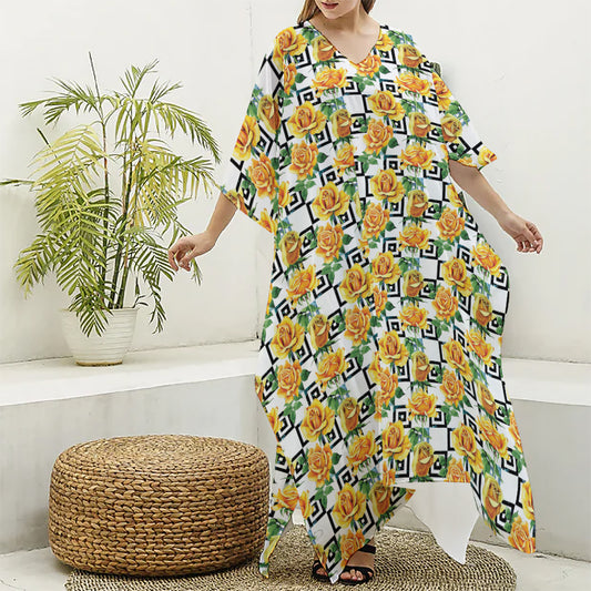 Yellow Watercolor Rose Print Silk V-Neck Kaftan Dress