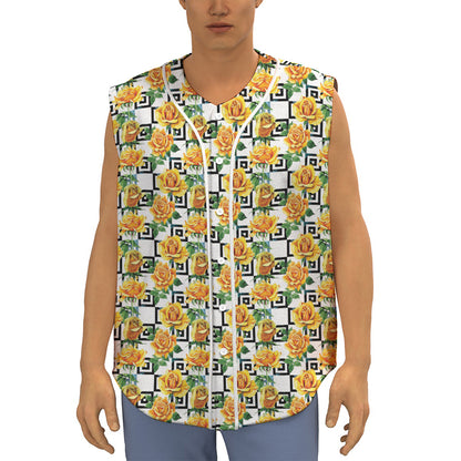 Yellow Watercolor Rose Print Sleeveless Baseball Jersey