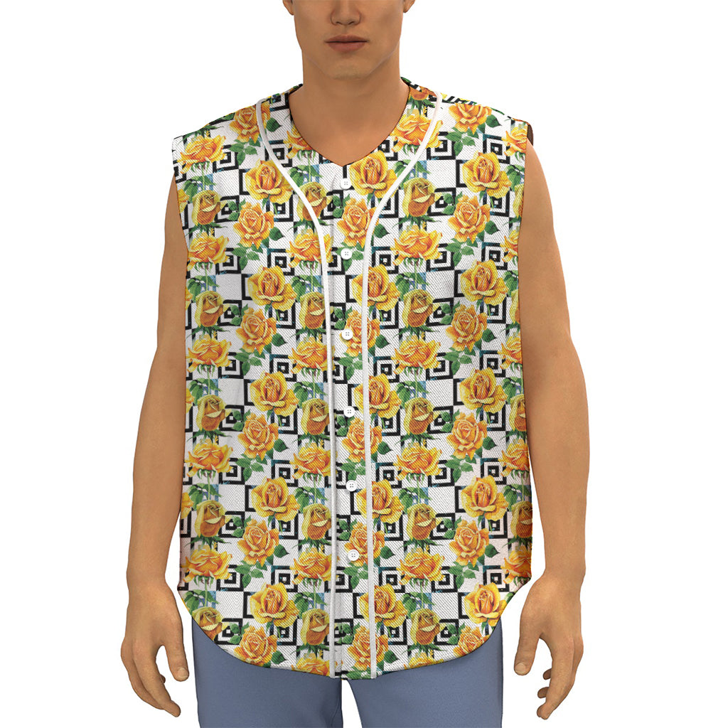 Yellow Watercolor Rose Print Sleeveless Baseball Jersey