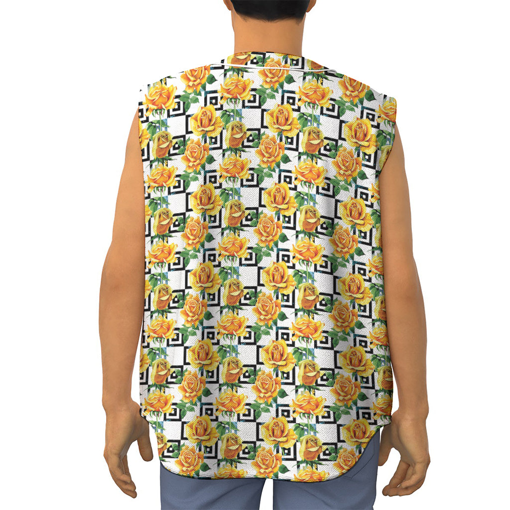 Yellow Watercolor Rose Print Sleeveless Baseball Jersey