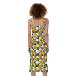 Yellow Watercolor Rose Print Slim Fit Midi Cami Dress