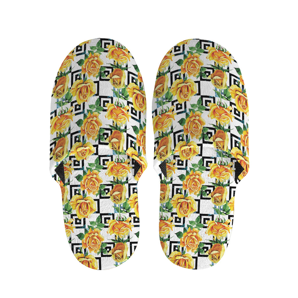 Yellow Watercolor Rose Print Slippers