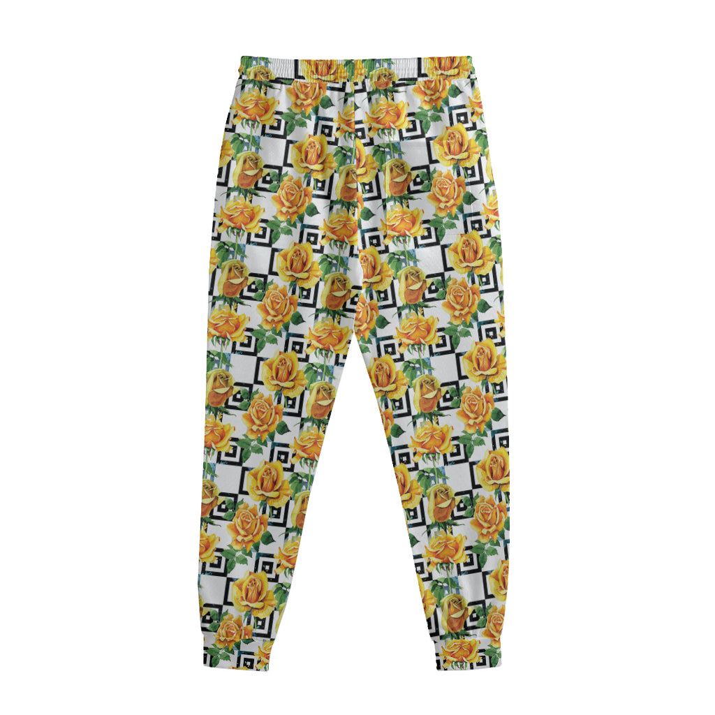 Yellow Watercolor Rose Print Sweatpants