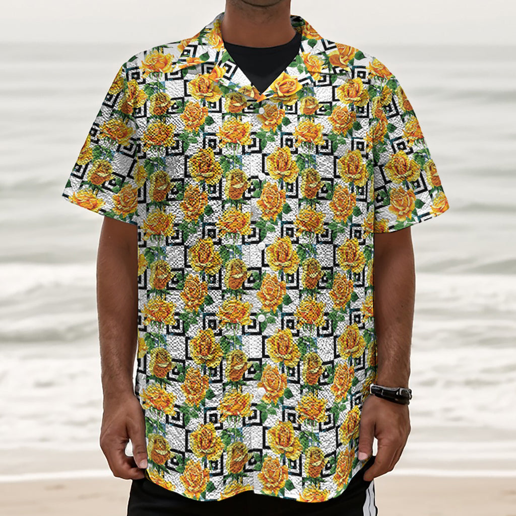 Yellow Watercolor Rose Print Textured Short Sleeve Shirt