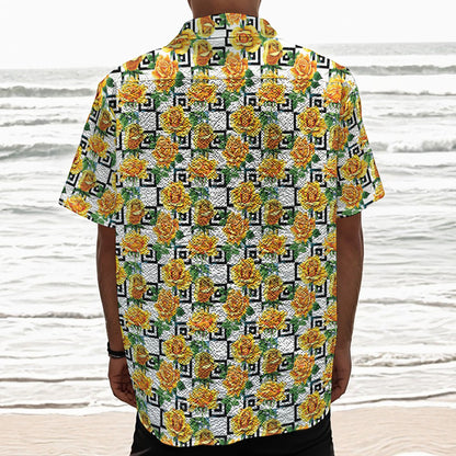 Yellow Watercolor Rose Print Textured Short Sleeve Shirt