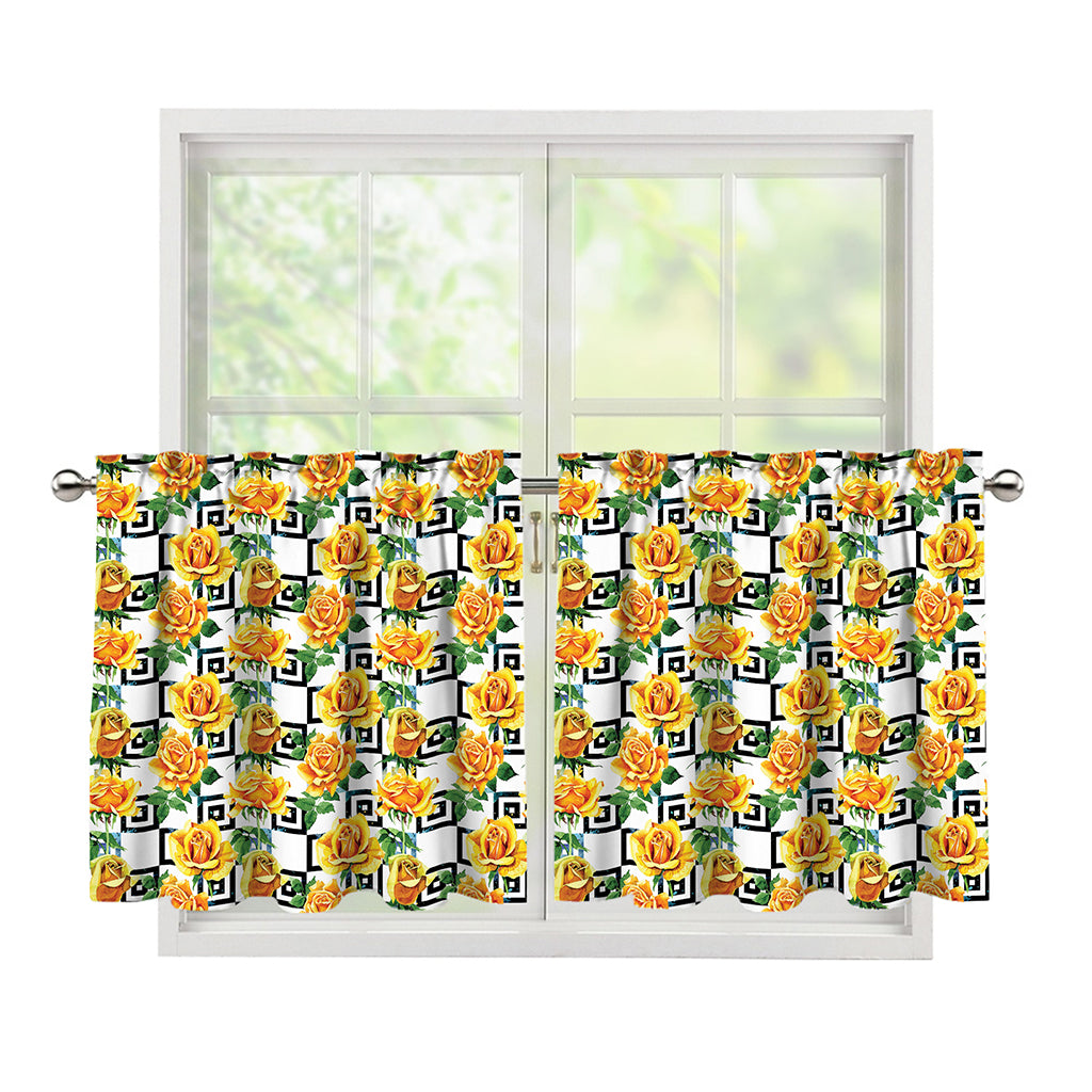 Yellow Watercolor Rose Print Tier Curtains