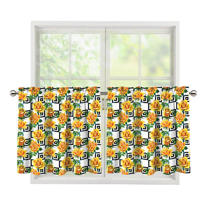 Yellow Watercolor Rose Print Tier Curtains
