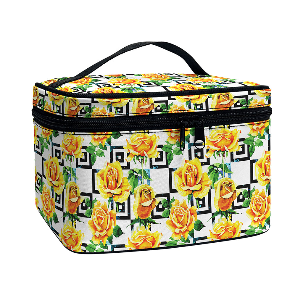 Yellow Watercolor Rose Print Travel Makeup Bag