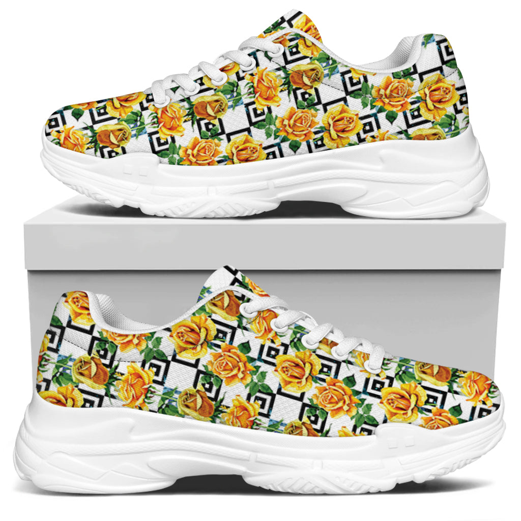 Yellow Watercolor Rose Print White Chunky Shoes