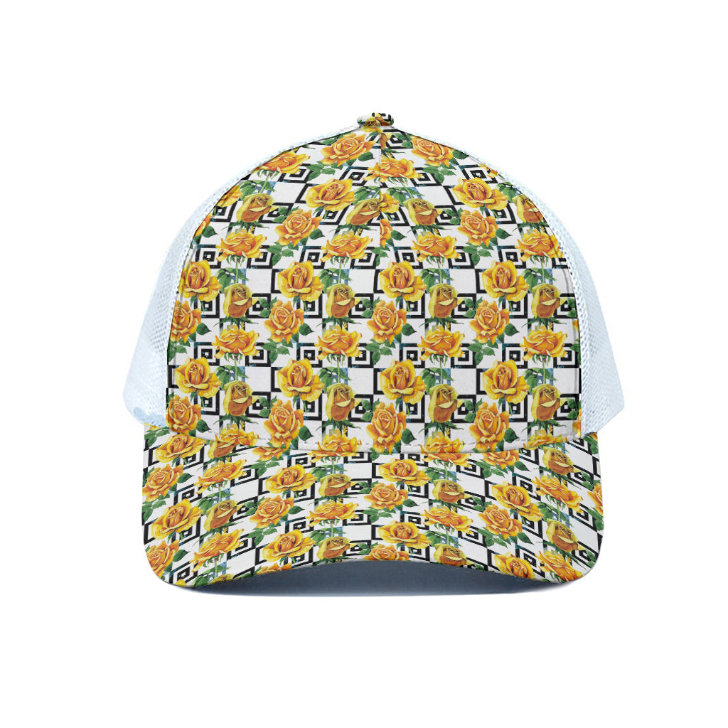 Yellow Watercolor Rose Print White Mesh Trucker Cap