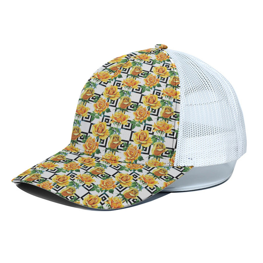 Yellow Watercolor Rose Print White Mesh Trucker Cap